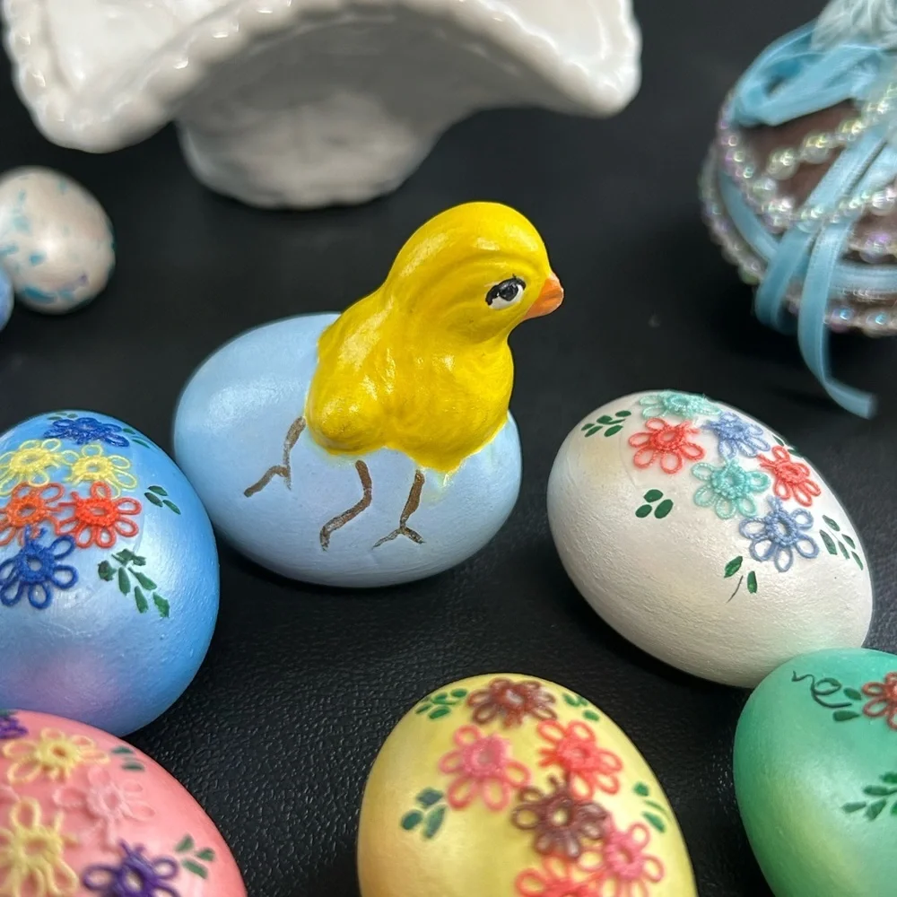 Vintage 14 Piece Easter Ceramic Basket &‎ Eggs Colorful Chick Home Decor